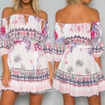 Sexy Off-shoulder Boat Neck Lace-up Printed Dress