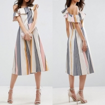 Sexy Oblique-shoulder Ruffle Striped Dress