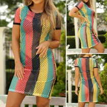 Sexy Contrast Color Short Sleeve Round Neck Hollow Out Dress