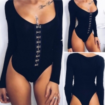 Sexy Low Cut Long Sleeve Solid Color Bodysuit