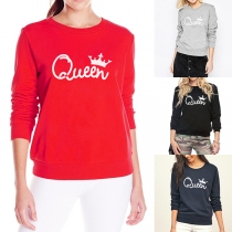 Fashion Letters Crown Printed Long Sleeve Round Neck Sweatshirt