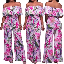 Sexy Off-shoulder Boat Neck High Waist Printed Jumpsuit