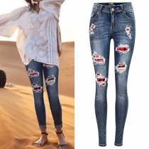 Distressed Style High Waist Ripped Stretch Skinny Jeans
