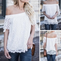 Sexy Off-shoulder Boat Neck Short Sleeve Solid Color Lace Top