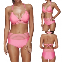 Sexy Backless Solid Color High Waist Halter Bikini Set