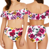 Sexy Off-shoulder Boat Neck Top + High Waist Panty Printed Swimsuit Set