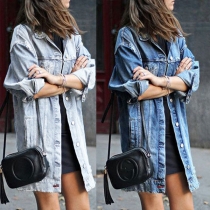 Retro Style Long Sleeve POLO Collar Single-breasted Ripped Denim Coat