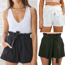 Fashion Solid Color High Waist Casual Shorts with Waist Strap