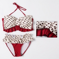 Sexy Dots Printed Bowknot Ruffle Bikini Set