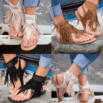 Bohemian Style Flat Heel Rivets Tassel Thong Sandals