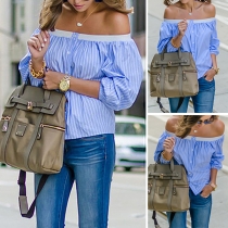 Sexy Off-shoulder Boat Neck Long Sleeve Striped Blouse