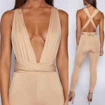 Sexy Backless Deep V-neck High Waist Solid Color Tight Jumpsuit