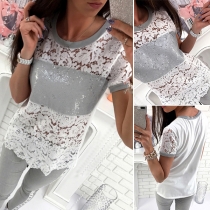 Fashion Hollow Out Lace Spliced Short Sleeve Round Neck T-shirt