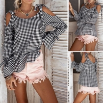 Sexy Off-shoulder Long Sleeve Round Neck Lace-up Bowknot Plaid Top