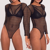 Sexy Backless Long Sleeve Round Neck Hollow Out Fishnet Bodysuit