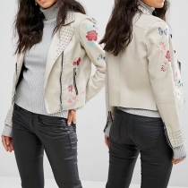 Punk Style Long Sleeve Rivets Embroidered Silver-tone PU Leather Jacket