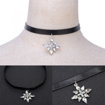 Fashion Octagon Rhinestone Pendant PU Leather Choker Necklace
