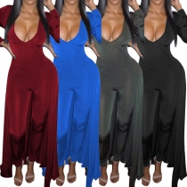 Sexy Deep V-neck Irregular Hem High Waist Solid Color Jumpsuit