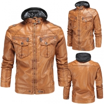 Fashion Long Sleeve Detachable Hood Men's PU Leather Coat