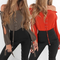 Sexy Off-shoulder Boat Neck Long Sleeve Lace-up Solid Color Blouse