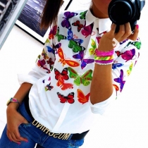Fashion Colorful Butterfly Printed Long Sleeve POLO Collar Shirt