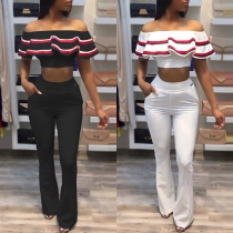 Sexy Contrast Color Ruffle Crop Top + High Waist Pants Two-piece Set