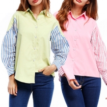 Fashion Contrast Color Striped Spliced Long Sleeve POLO Collar Shirt