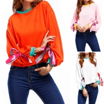 Fashion Contrast Color Lantern Sleeve Round Neck Top