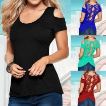 Sexy Hollow Out Lace Spliced Short Sleeve Round Neck Solid Color T-shirt