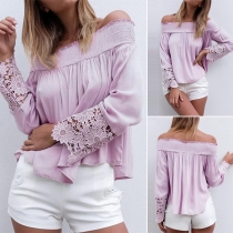 Sexy Off-shoulder Boat Neck Lace Spliced Long Sleeve Solid Color Top