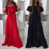 Sexy Off-shoulder Boat Neck High Waist Solid Color Ruffle Party Dress