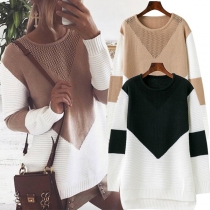 Fashion Contrast Color Long Sleeve Round Neck High-low Hem Knit Sweater