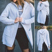 Chic Style Long Sleeve Hooded Slit Hem Solid Color Knit Coat