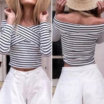 Fashion Wide Neckline Long Sleeve Crossover Striped T-shirt