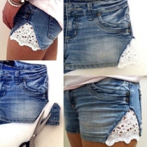 Fashion Low-waist Lace Spliced Denim Shorts
