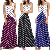 Sexy Crossover Backless U-neck Sleeveless Contrast Color Striped Dress