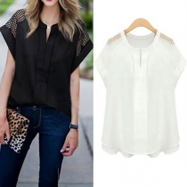 Fashion Hollow Out Lace Spliced Short Sleeve V-neck Solid Color Blouse