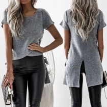 Chic Style Short Sleeve Round Neck High-low Hem Lace-up T-shirt