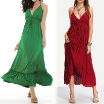 Sexy Backless V-neck Ruffle Hem Solid Color Sling Dress