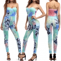 Sexy Strapless High Waist Printed Tight Jumpsuit