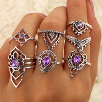 Retro Color Colored Rhinestone Inlaid Hollow Out Ring Set 7 pcs/Set
