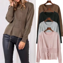 Fashion Solid Color Long Sleeve Round Neck Lace-up Knit Sweater