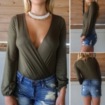 Sexy Deep V-neck Long Sleeve Solid Color Bodysuit
