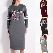 Fashion Numbers Printed Long Sleeve Round Neck Sweatshirt Dress