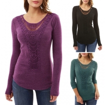 Fashion Solid Color Long Sleeve Round Neck Lace Spliced T-shirt