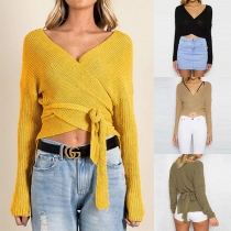 Chic Style Long Sleeve Crossover V-neck High-low Hem Solid Color Sweater