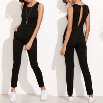 Sexy Backless Sleeveless Round Neck High Waist Slim Fit Solid Color Jumpsuit