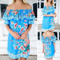 Sexy Off-shoulder Ruffle Wide Neckline Printed Dress