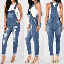 Distressed Style Slim Fit Ripped Denim Dungarees