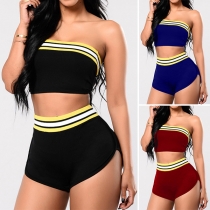 Sexy Contrast Color Bandeau Top + Shorts Two-piece Set